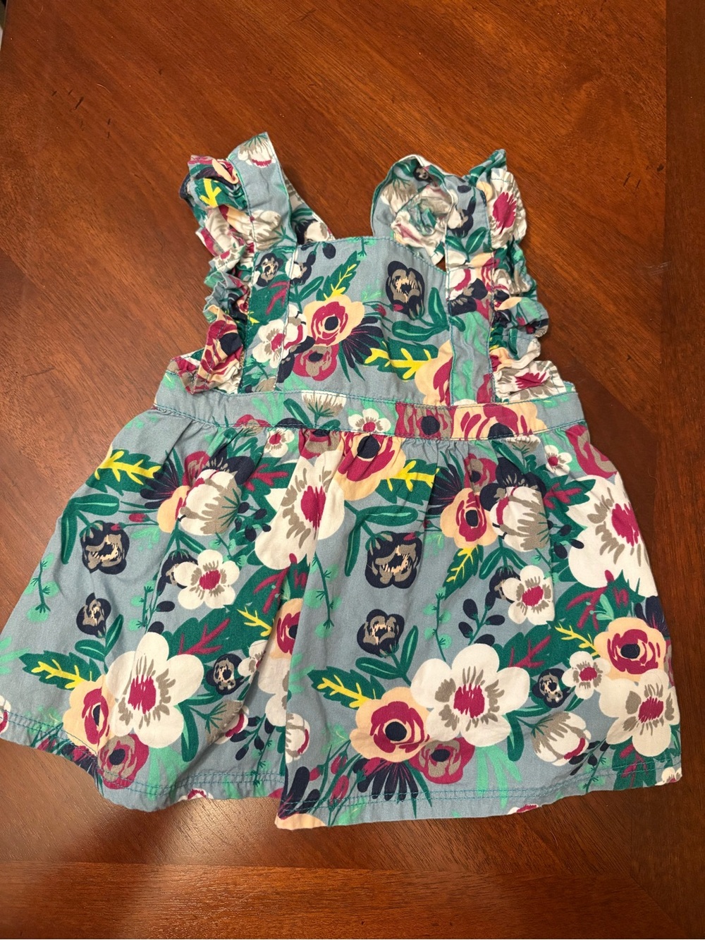 Ruffle Butts Blue Floral Ruffle Strap Dress with Pink & Cream Flowers